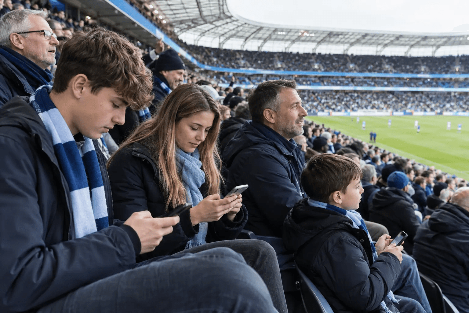 Supporters using their phones in the bright concourse of a busy stadium