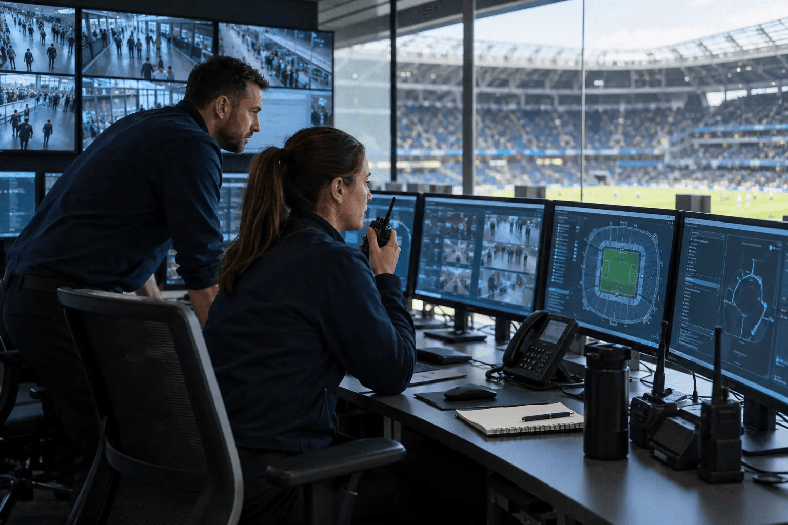 A professional stadium operations room overlooking a live event