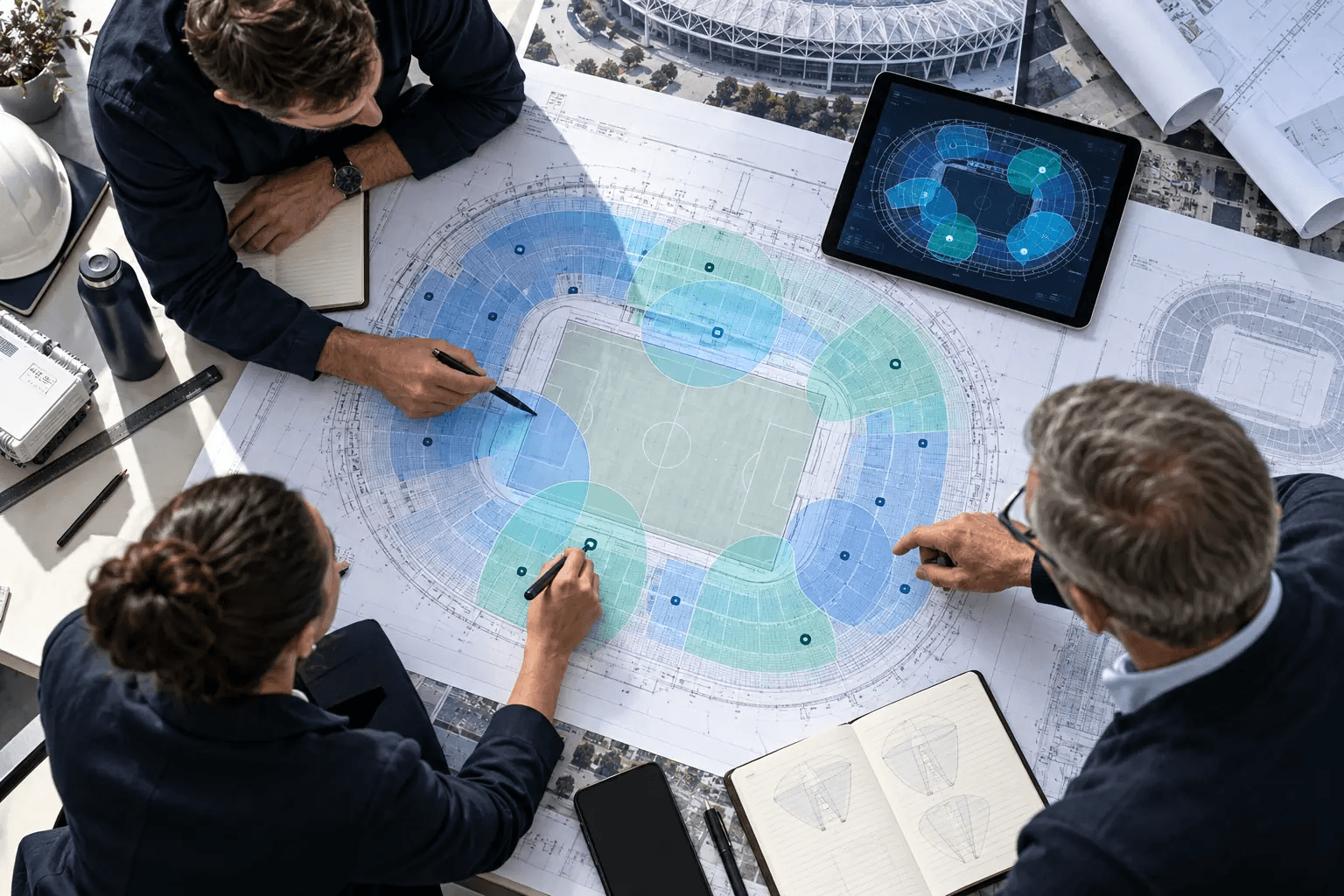 Engineers designing a stadium network from plans and wireless survey data