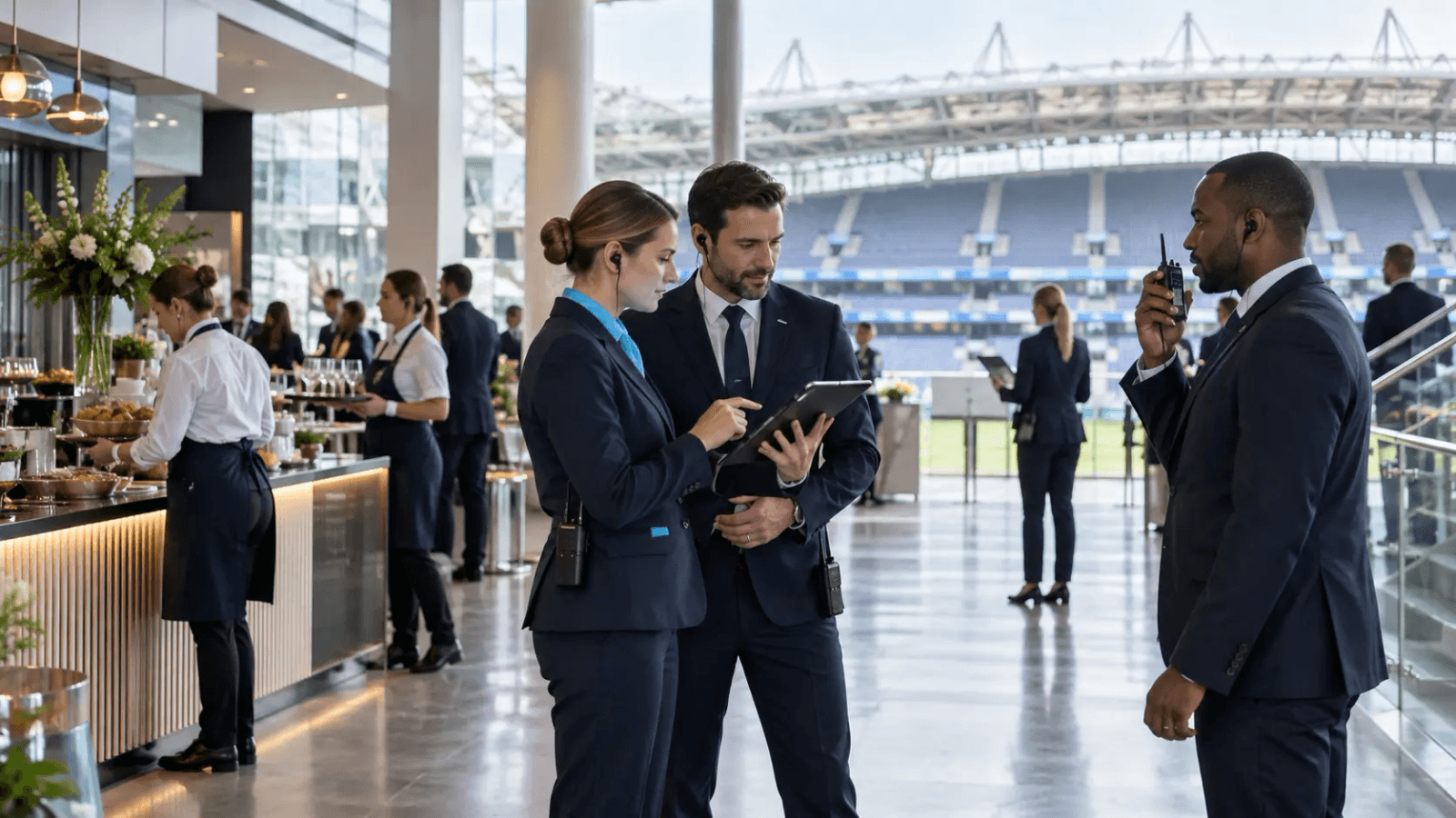 A bright premium stadium hospitality area operating during an event
