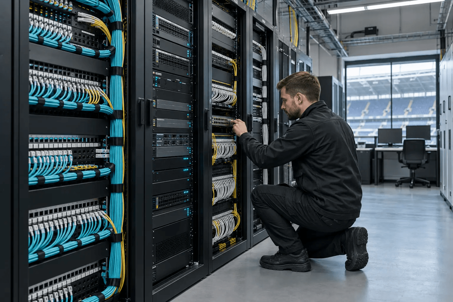 A carefully installed stadium network core with fibre and managed switches