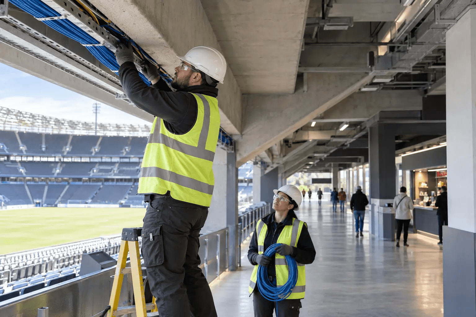 Engineers installing venue network infrastructure in a bright stadium concourse