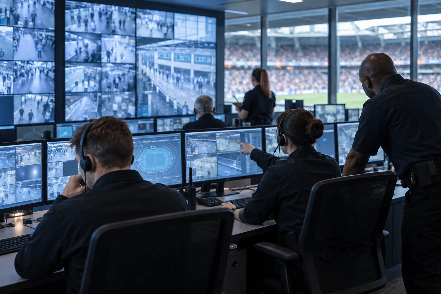 A stadium control team viewing multiple operational and security camera feeds