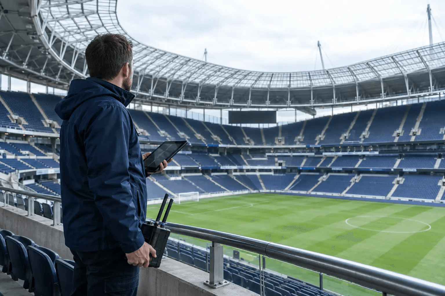 A wireless engineer surveying a stadium seating bowl for high-density Wi-Fi