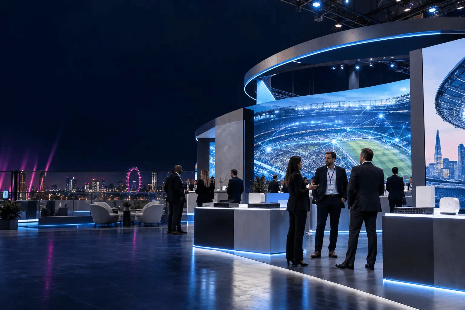 Venue technology specialists in conversation at a modern stadium industry exhibition