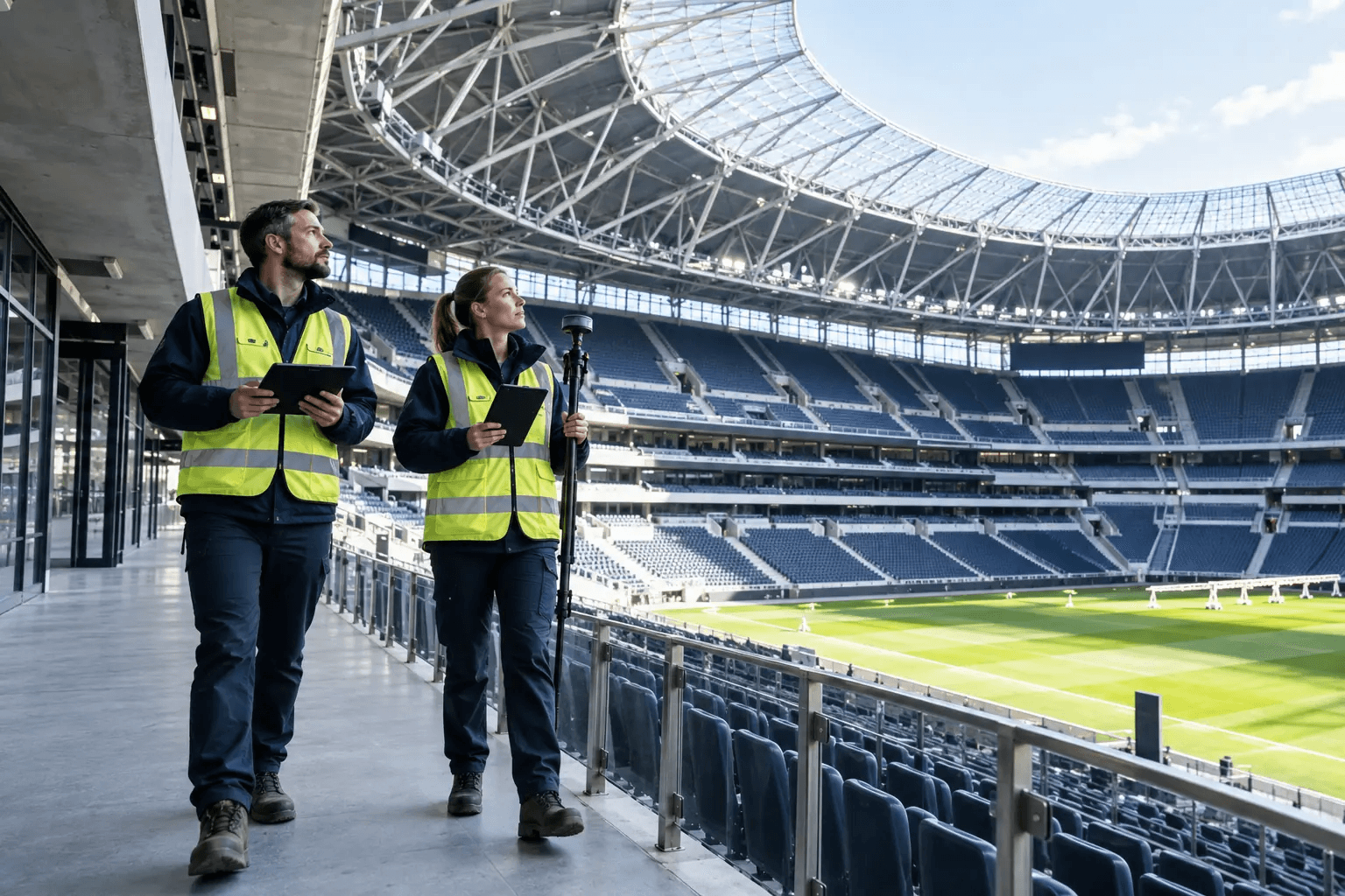 A venue technology team surveying stadium concourses and seating areas