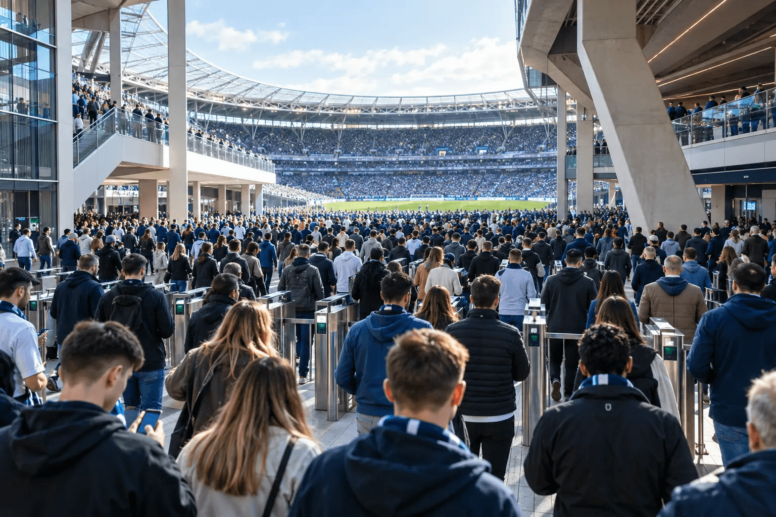 A packed modern stadium concourse with supporters moving through connected public spaces