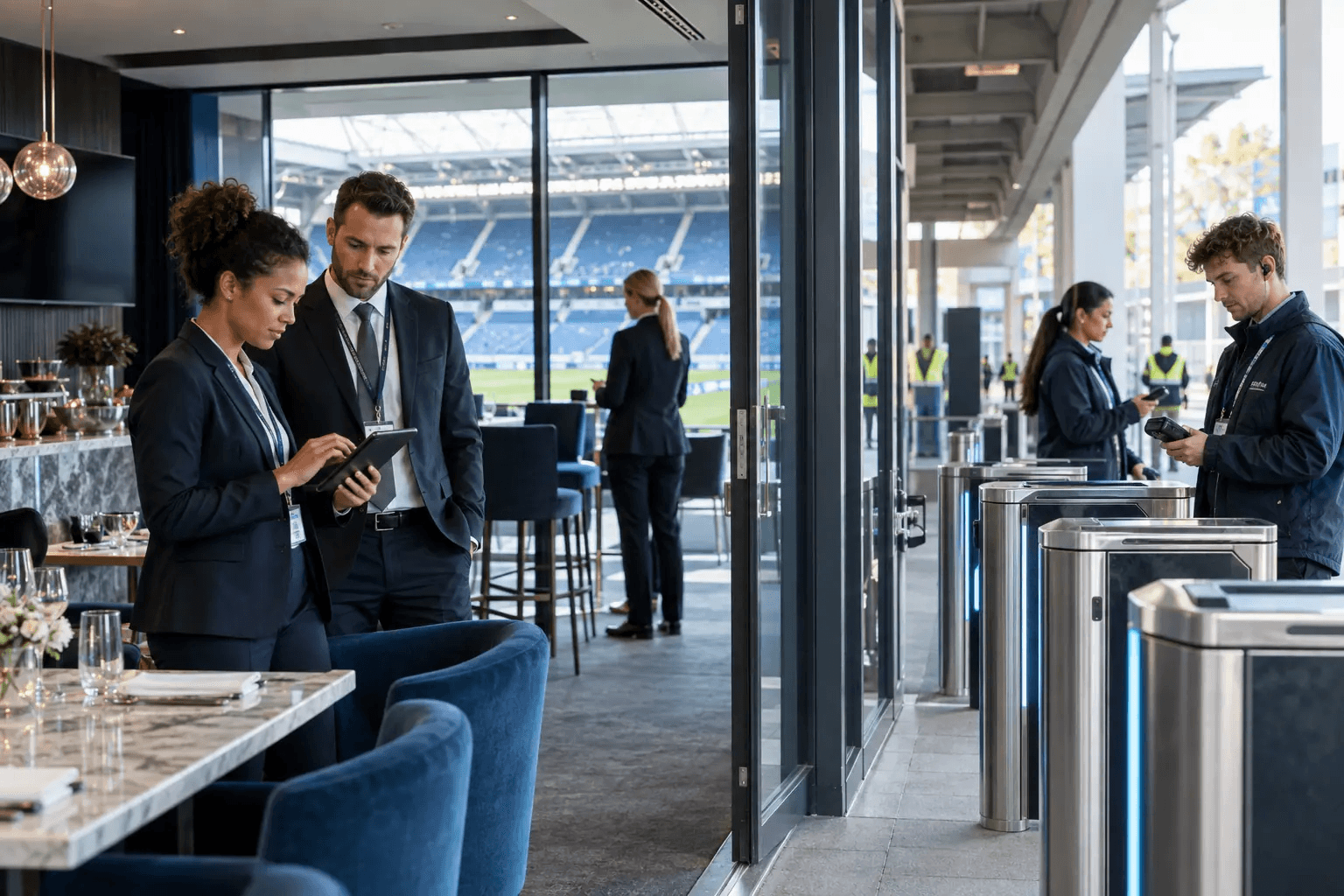 Modern stadium hospitality and ticketing colleagues serving event guests